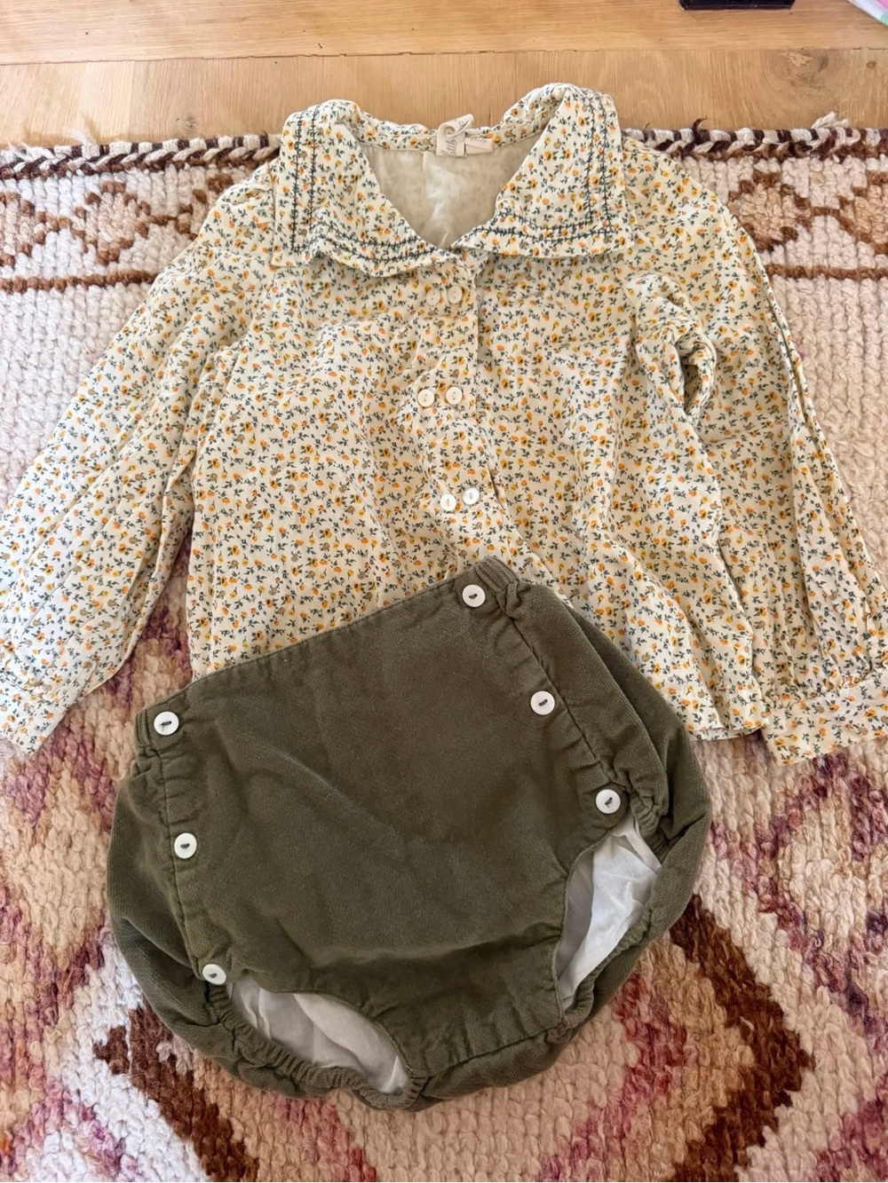 Little Cotton Clothes Yellow Floral Collar Top and Olive Bloomer Set for Kids